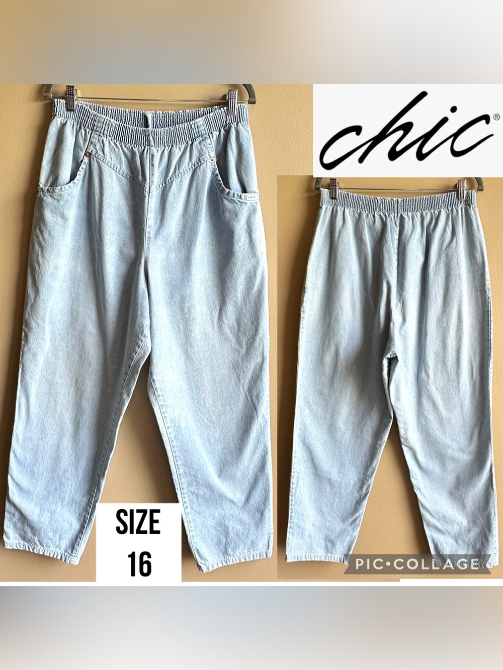 VTG Chic Women’s Jeans 80s USA Mom Elastic High Waist Straight Leg Blue Denim 16